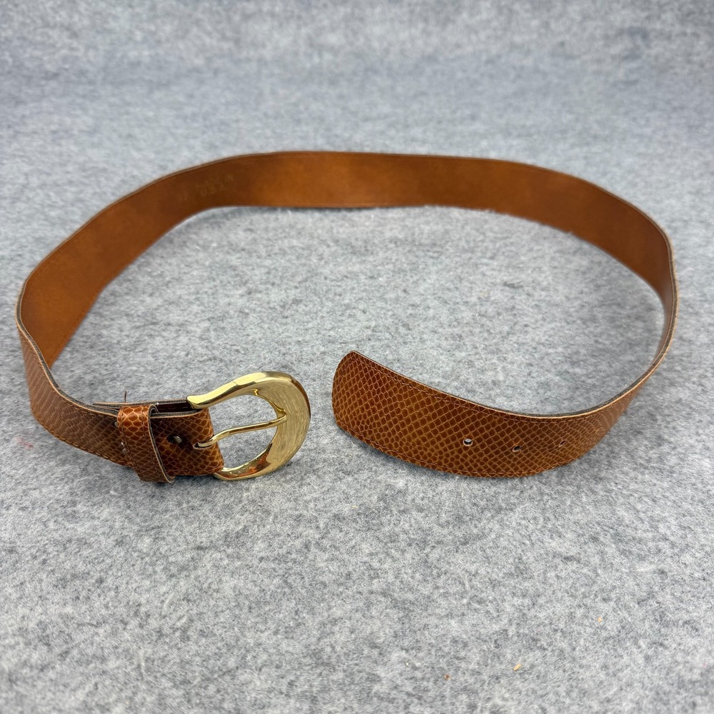 Vintage Brown Leather Belt Snakeskin Embossed Gold Buckle Size 12 USA Cognac